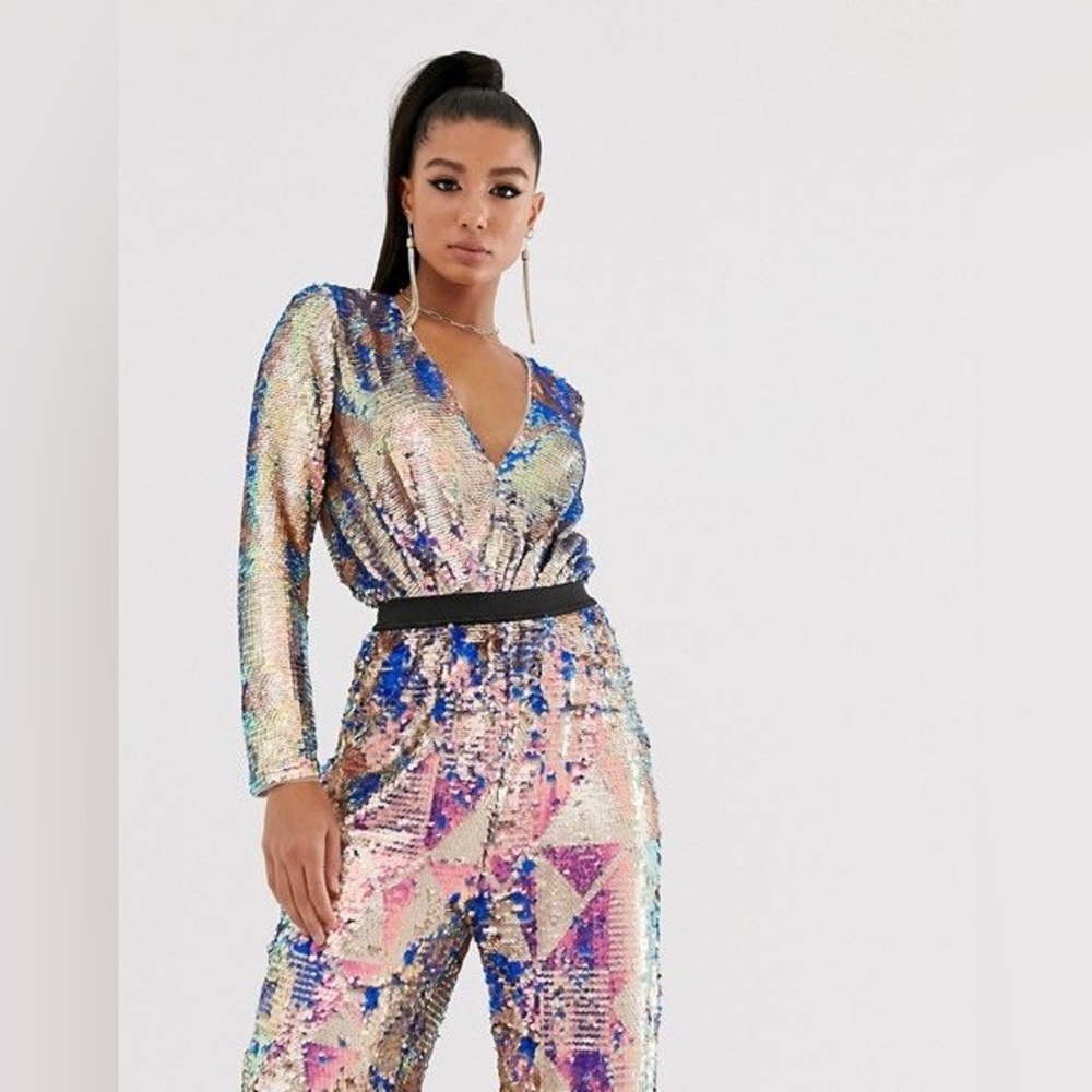 ASOS TFNC Sequin Bodysuit NWT w/matching pants lightly worn. Sz 14 uk 18.